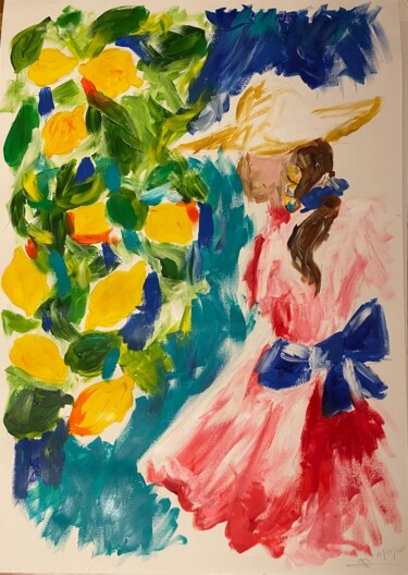 Pintura intitulada "Jeune femme aux cit…" por Sophie Debrade, Obras de arte originais, Acrílico