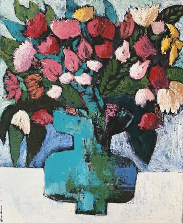 Painting titled "Bouquet au Vase Bleu" by Sophie Gardin, Original Artwork, Acrylic Mounted on Wood Stretcher frame