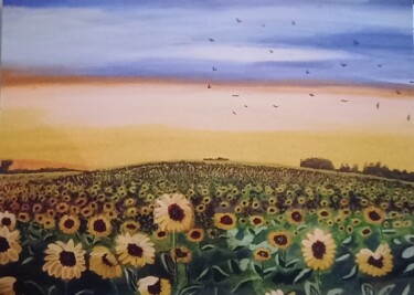 Painting titled "Tournesols à l'infi…" by Sophie Leron Alcaïna, Original Artwork, Acrylic Mounted on Wood Stretcher frame