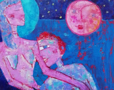 Malarstwo zatytułowany „Couple au clair de…” autorstwa Sophie Maugin, Oryginalna praca, Akryl Zamontowany na Drewniana rama…
