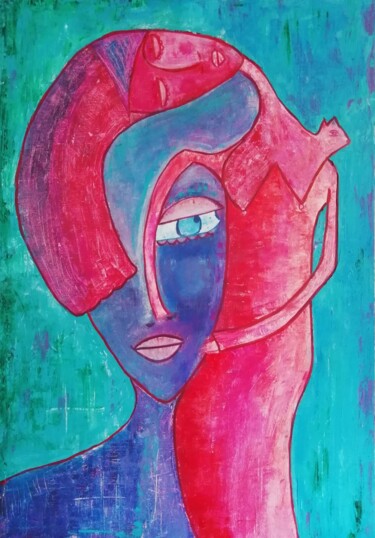 Картина под названием "La Femme au chat" - Sophie Maugin, Подлинное произведение искусства, Акрил Установлен на Деревянная р…