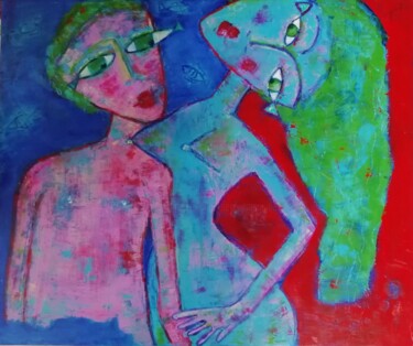 Pittura intitolato ""Couple aux poisson…" da Sophie Maugin, Opera d'arte originale, Acrilico Montato su Telaio per barella i…