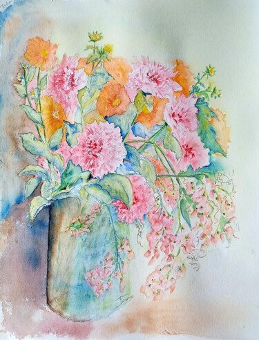 Painting titled "Bouquet de dahlias…" by Thérèse Soriano, Original Artwork, Watercolor