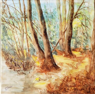 Painting titled "Sous-bois ensoleillé" by Thérèse Soriano, Original Artwork, Watercolor Mounted on Wood Stretcher frame