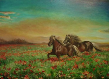 Pintura intitulada "Horses in the field…" por Sorinapostolescu, Obras de arte originais, Óleo