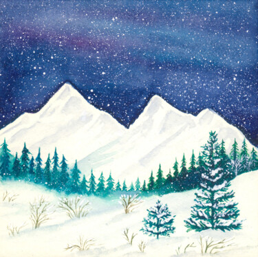 Painting titled "Snow-capped mountai…" by Space Oleandr, Original Artwork, Watercolor
