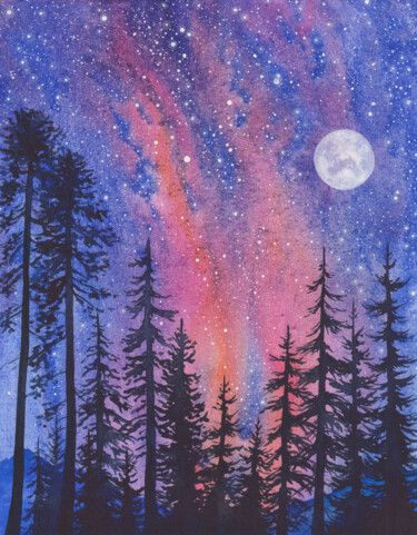Malerei mit dem Titel "Night Forest and Mo…" von Space Oleandr, Original-Kunstwerk, Aquarell