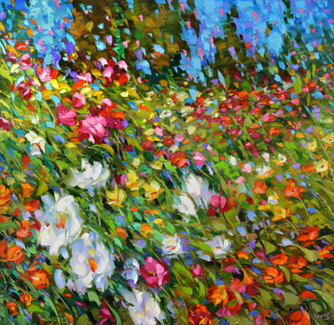 Schilderij getiteld "Flowery meadow" door Spiros, Origineel Kunstwerk, Olie