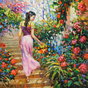 Картина под названием "In the flower garden" - Spiros, Подлинное произведение искусства, Масло