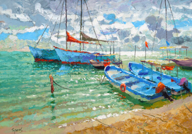 Pittura intitolato "Boats on the island…" da Spiros, Opera d'arte originale, Acrilico