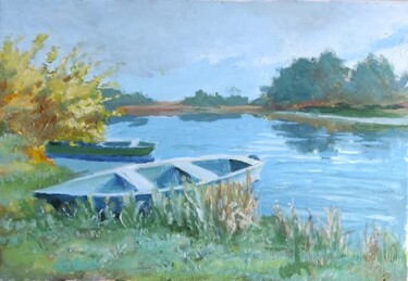 Painting titled "Bateaux sur la rivi…" by Stanislav Khodak, Original Artwork, Oil