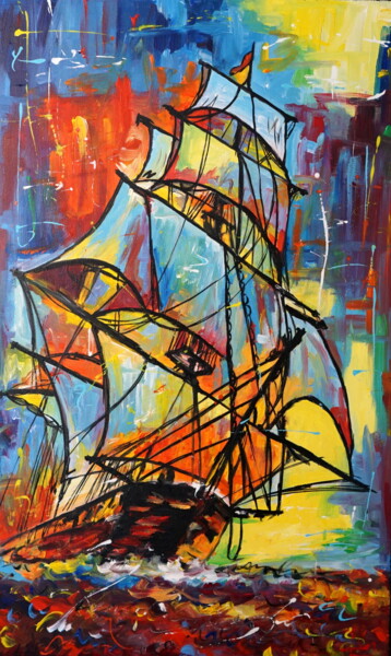 Schilderij getiteld "Frigate" door Stach, Origineel Kunstwerk, Olie Gemonteerd op Frame voor houten brancard