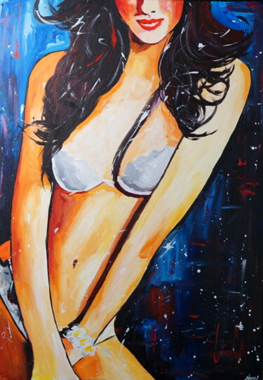 Painting titled "She in the Starry N…" by Stach, Original Artwork, Acrylic