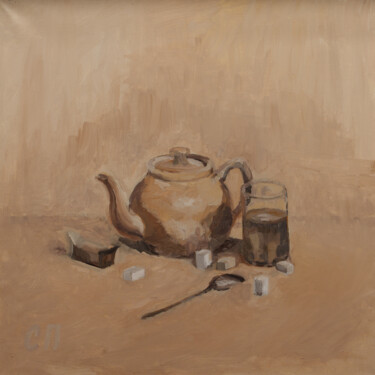 Painting titled "Чайник, сахар и кон…" by Stanislav Polikarpov, Original Artwork, Oil