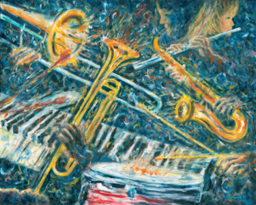 Painting titled "Musicians" by Stan Sweeney, Original Artwork, Oil Mounted on Wood Stretcher frame
