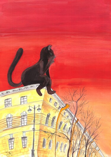 Painting titled "The Cat On A Roof a…" by Stasy Vo, Original Artwork, Gouache
