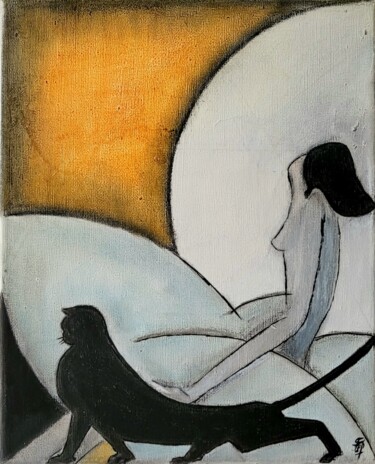 Картина под названием "La Femme au chat" - Stefan, Подлинное произведение искусства, Пастель Установлен на Деревянная рама д…