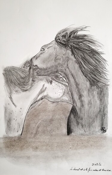 Drawing titled "Amour équin" by Stefan, Original Artwork, Pencil