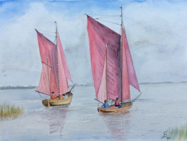Schilderij getiteld "Zeesboote am Achter…" door Stefan Dhein, Origineel Kunstwerk, Aquarel