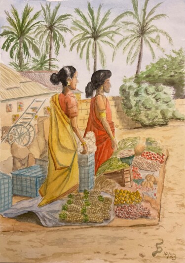 Painting titled "Indian market" by Stefan Dhein, Original Artwork, Watercolor