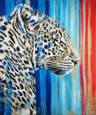 Schilderij getiteld "LEOPARD #4 - RED LI…" door Stefanie Rogge, Origineel Kunstwerk, Acryl Gemonteerd op Frame voor houten b…