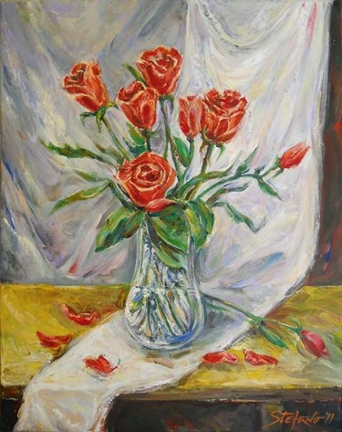 Painting titled "Still Life with Red…" by Stefano Popovski, Original Artwork, Oil