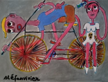 Pittura intitolato "" le vélo c'est éco…" da Stéfanvivier, Opera d'arte originale