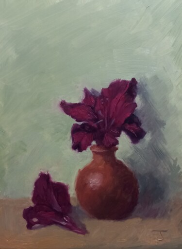 Schilderij getiteld "Gladioli Black Magic" door Steffan Johnson, Origineel Kunstwerk, Olie Gemonteerd op Houten paneel