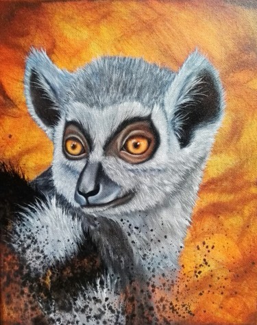 Malerei mit dem Titel "Lemur huile sur toi…" von Steivan Loundou, Original-Kunstwerk, Öl Auf Keilrahmen aus Holz montiert