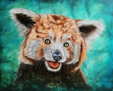 Painting titled "Panda roux huile su…" by Steivan Loundou, Original Artwork, Oil Mounted on Wood Stretcher frame
