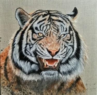Картина под названием "Le tigre huile sur…" - Steivan Loundou, Подлинное произведение искусства, Масло Установлен на Деревян…