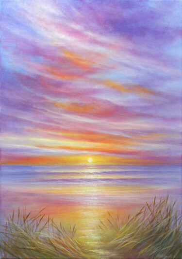 Painting titled "Summer Sunset" by Stella Dunkley, Original Artwork, Oil Mounted on Wood Stretcher frame