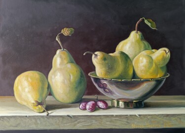 Painting titled "Golden Pears" by Stepan Ohanyan, Original Artwork, Oil Mounted on Wood Stretcher frame