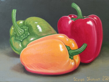 Painting titled "Pepper Trio" by Stepan Ohanyan, Original Artwork, Oil Mounted on Wood Stretcher frame