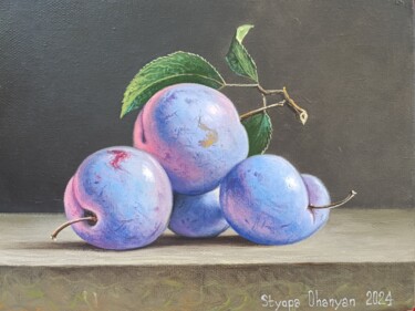Painting titled "Still Life with Plu…" by Stepan Ohanyan, Original Artwork, Oil Mounted on Wood Stretcher frame