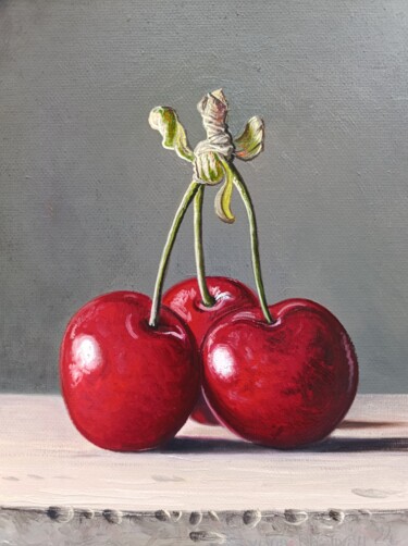 Painting titled "Cherry Trio" by Stepan Ohanyan, Original Artwork, Oil Mounted on Wood Stretcher frame