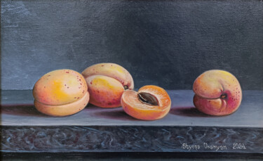 Schilderij getiteld "Sun-Kissed Apricots" door Stepan Ohanyan, Origineel Kunstwerk, Olie Gemonteerd op Frame voor houten bra…