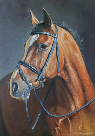 Schilderij getiteld "Noble Steed" door Stepan Ohanyan, Origineel Kunstwerk, Olie Gemonteerd op Frame voor houten brancard