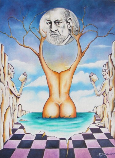 Schilderij getiteld "Lune psychanalytique" door Stéphane Bergès, Origineel Kunstwerk, Olie Gemonteerd op Karton
