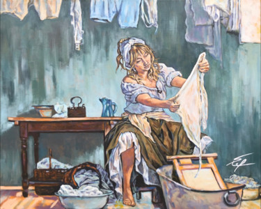 Malerei mit dem Titel "La corvée de linge" von Stéphane Petit, Original-Kunstwerk, Acryl