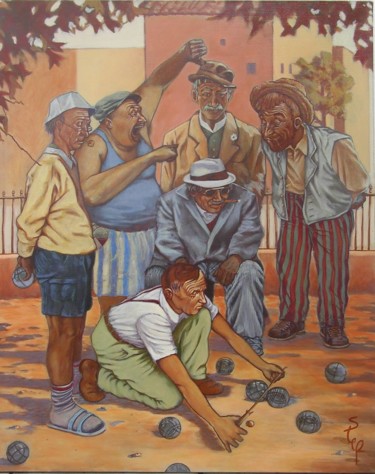 Painting titled "La partie de boules" by Stéphane Petit, Original Artwork, Acrylic