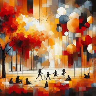 「Autumn PicNic」というタイトルの絵画 Stéphanie Rousselによって, オリジナルのアートワーク, エアブラシ ウッドストレッチャーフレームにマウント