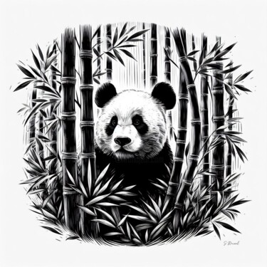 Tekening getiteld "Bamboo Panda" door Stéphanie Roussel, Origineel Kunstwerk, Houtskool