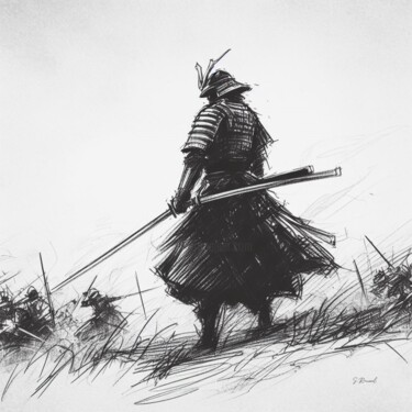 Zeichnungen mit dem Titel "Battlefield Samourai" von Stéphanie Roussel, Original-Kunstwerk, Kohle