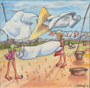 Pintura titulada "durent dans les dra…" por Christine Stéphanoff, Obra de arte original, Acuarela Montado en Bastidor de cam…