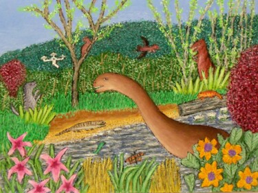 Painting titled "Dinosaurs at the St…" by Stephen Warde Anderson, Original Artwork, Acrylic Mounted on Other rigid panel