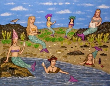 Pintura titulada "Mermaids Go Hi-Tech" por Stephen Warde Anderson, Obra de arte original, Acrílico Montado en Otro panel ríg…