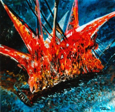 Peinture intitulée "Bateau en feu" par Steve Soobben, Œuvre d'art originale, Huile