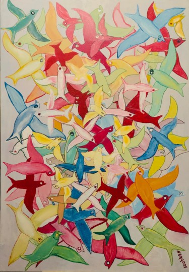 Schilderij getiteld "les oiseaux des iles" door Steve Soobben, Origineel Kunstwerk, Olie