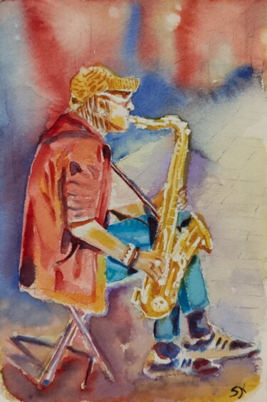 Pittura intitolato "Saxophone player on…" da Stoyanka Nikolova, Opera d'arte originale, Acquarello